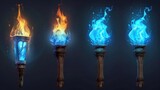 Wooden torch flame. 3D medieval fire lamp. Design element depicting combustion.
