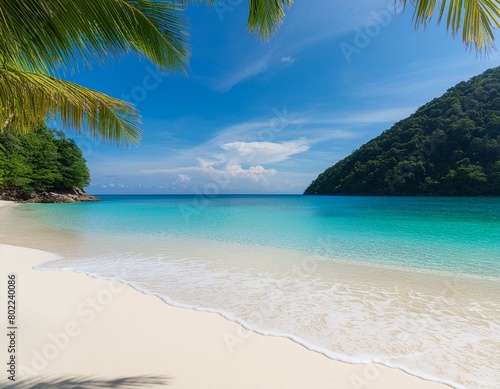 Travel Beach Concept Pristine white sand meets a tranquil sea bay under a sunlit blue sky. Featuring exotic paradise vibes from the Mediterranean to the tropics  with green palm trees