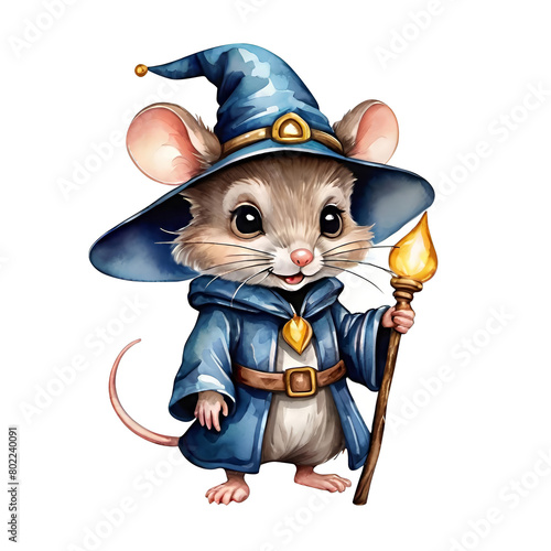 A whimsical illustration showcases a charming mouse dressed as a wizard, complete with a pointed blue hat and matching blue robes secured with a yellow belt.  photo