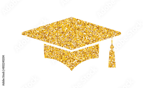 Graduation hat glitter logo. Graduate cap flat sparkling luxury gold sticker