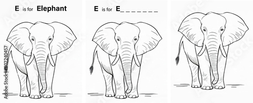 E is for elephant  kids work sheet set  illustration.