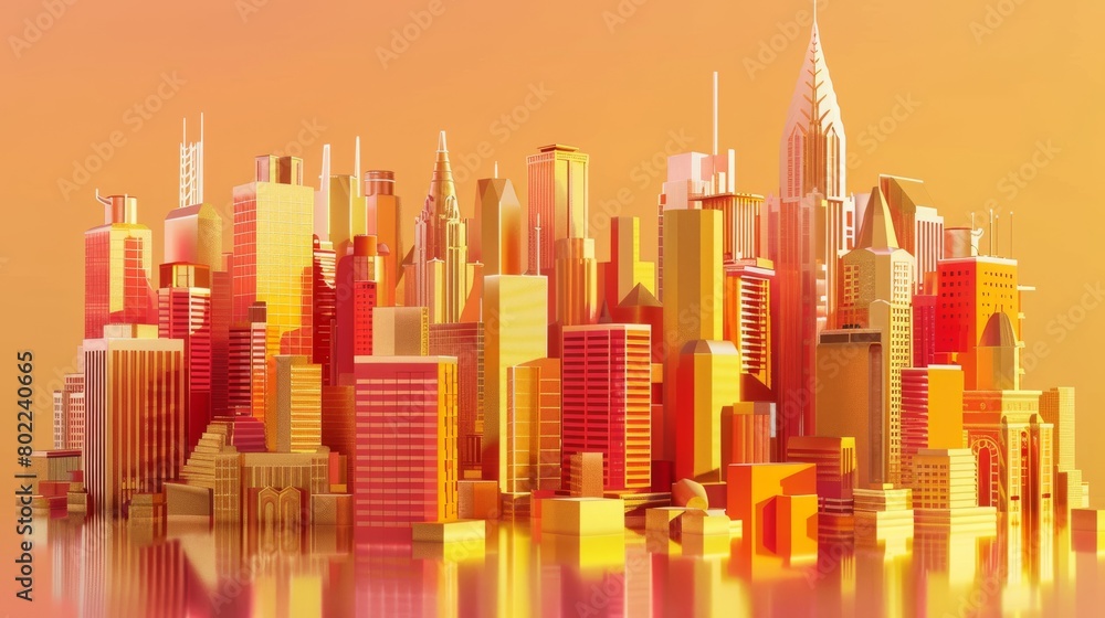 City skyline of  building, golden and red Material in 3d.