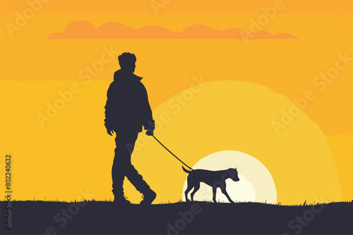 Silhouette of a person with dog, Young man walking dog silhouette, Vector illustration