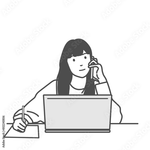電話しながら仕事をする女性のシンプルなイラスト　モノクロ、白バック、白背景、背景なし、コピースペース、	