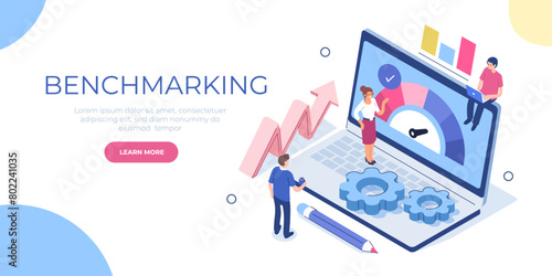Benchmarking concept. Characters comparing, measuring business data, analyzing metrics to improve performance, sharing best practice. Strategic management approach. Isometric vector illustration.