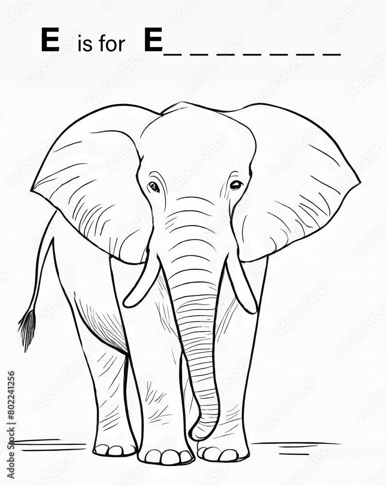 A black and white E is for elephant, work sheet and coloring page, illustration.