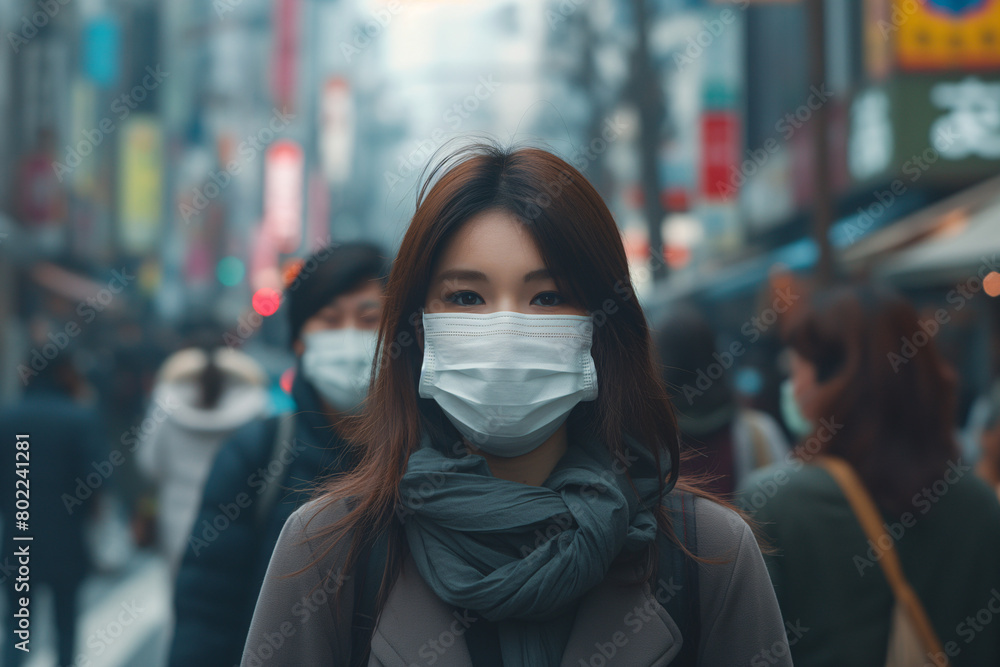 A woman with a face mask stands in focus against a vibrant, neon-lit urban cityscape backdrop, invoking anonymity in the crowd A woman with a face mask stands in focus against a vibrant, neon-lit urban cityscape backdrop, invoking anonymity in the crowd