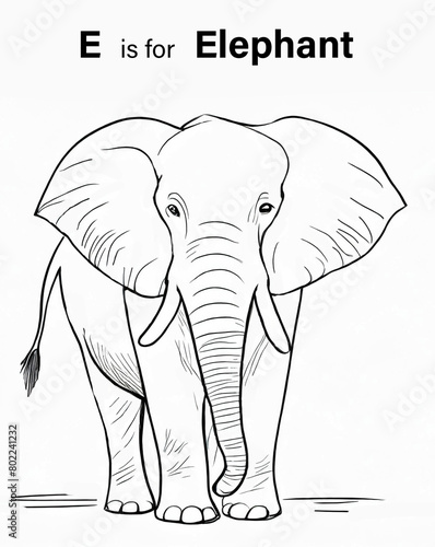 A black and white E is for elephant  kids coloring page  illustration.