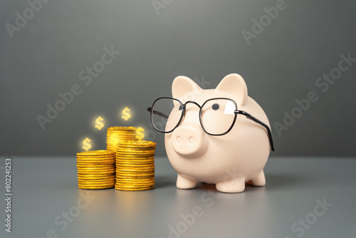 Piggy bank with glasses and a stack of coins. Accounting and auditing. To earn money. Deposits and investments. Financial planning and literacy. Save for education.