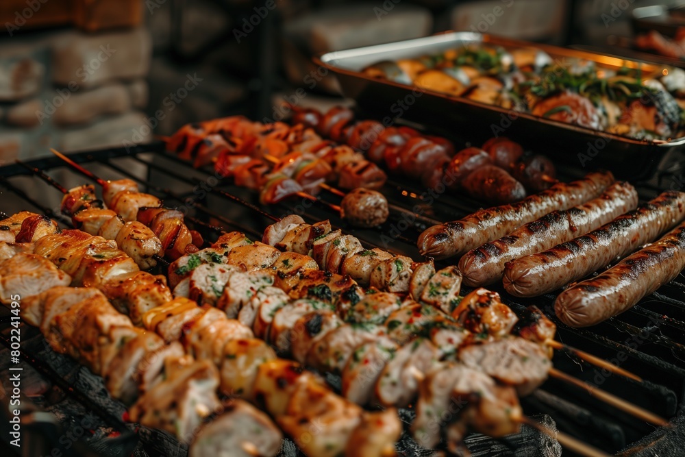 Barbecue on the grill with chicken kebabs, sausages and meat 