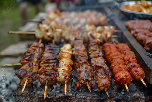 Barbecue on the grill with chicken kebabs, sausages and meat