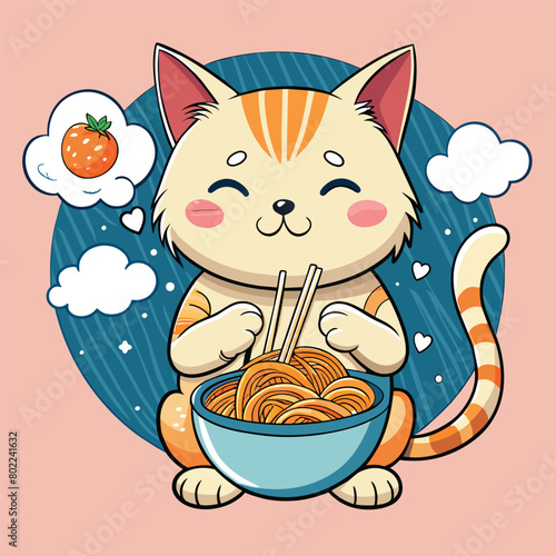 a cartoon cat with a bowl of noodles in it and a cat with a bowl of noodles in it