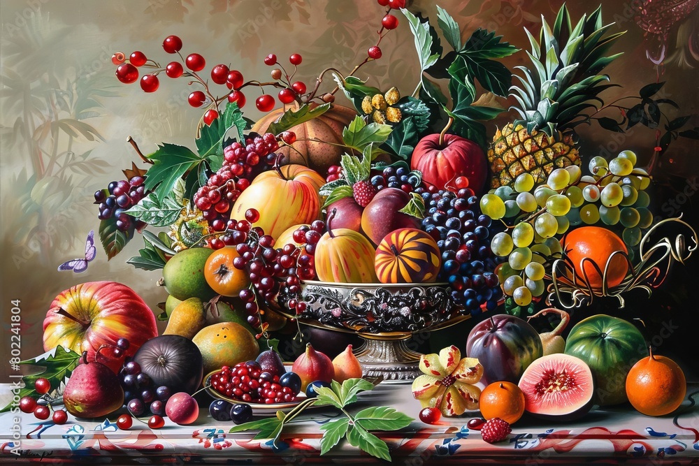 Illustrate a lush still life of exotic imported fruits in a traditional oil painting style, emphasizing rich, velvety colors and intricate details Illustrate a lush still life of exotic imported fruits in a traditional oil painting style, emphasizing rich, velvety colors and intricate details