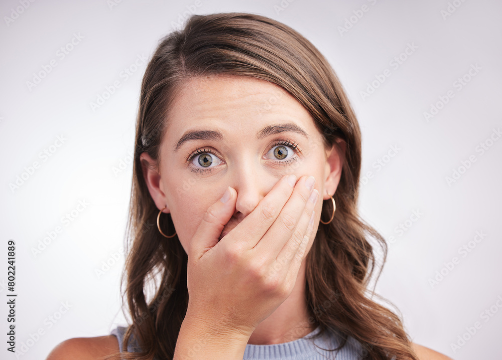 Woman, studio or shock with hand in portrait for news, surprise or concern for gossip. Female model or white background with fingers on mouth and speechless, reaction for announcement or notification Woman, studio or shock with hand in portrait for news, surprise or concern for gossip. Female model or white background with fingers on mouth and speechless, reaction for announcement or notification