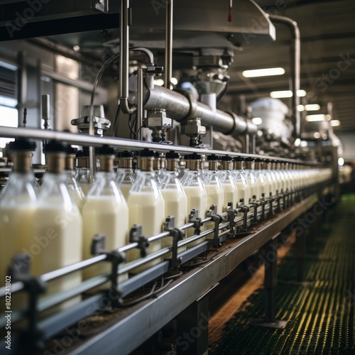 A clean, bright image of a dairy processing line where milk is being pasteurized and bottled, set against an isolated background to highlight the critical stages of dairy production photo