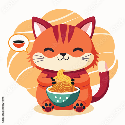 a cartoon cat with a bowl of noodles in it and a cat with a bowl of noodles in it