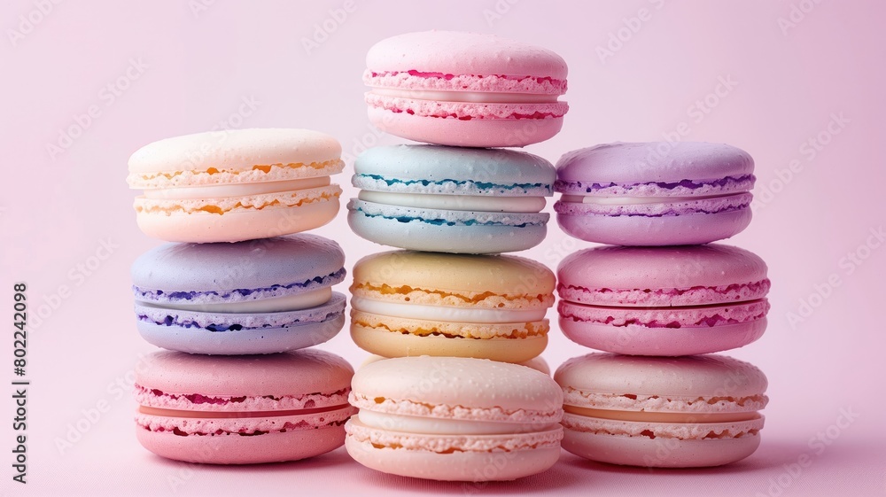 Colorful macarons stacked neatly in pastel hues. Colorful macarons stacked neatly in pastel hues.