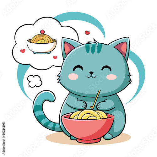 a cartoon cat with a bowl of noodles in it and a cat with a bowl of noodles in it