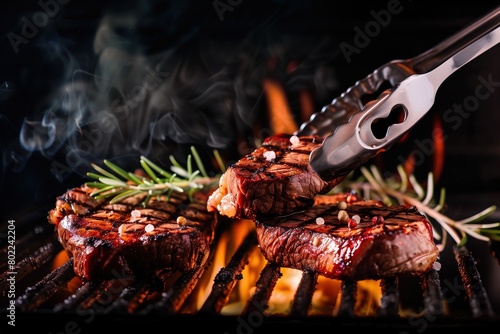 two juicy steaks on the grill with flames, tongs holding one steak and rosemary in background photo