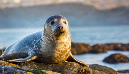Harbor Seal (Phoca vitulina) on a rocky shore closeup, early morning. photo
