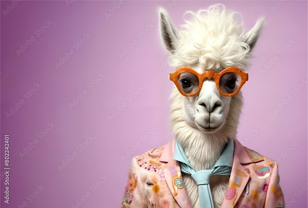 Creative animal concept. Llama in glam fashionable couture high end outfits isolated on bright background advertisement, copy space. birthday party invite invitation banner