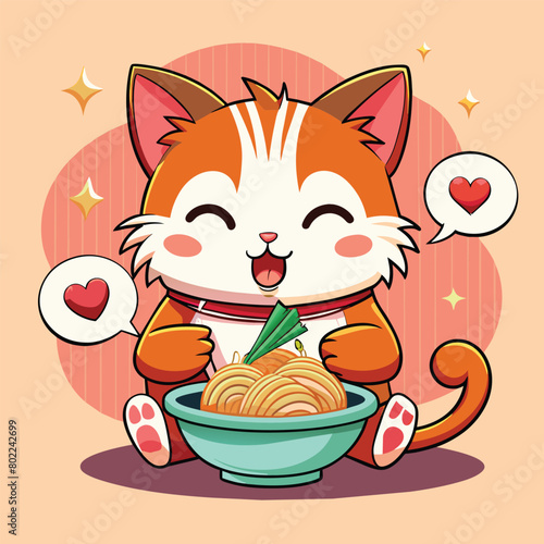 a cartoon cat with a bowl of noodles in it and a cat with a bowl of noodles in it