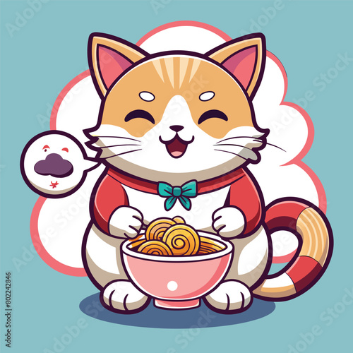 a cartoon cat with a bowl of noodles in it and a cat with a bowl of noodles in it