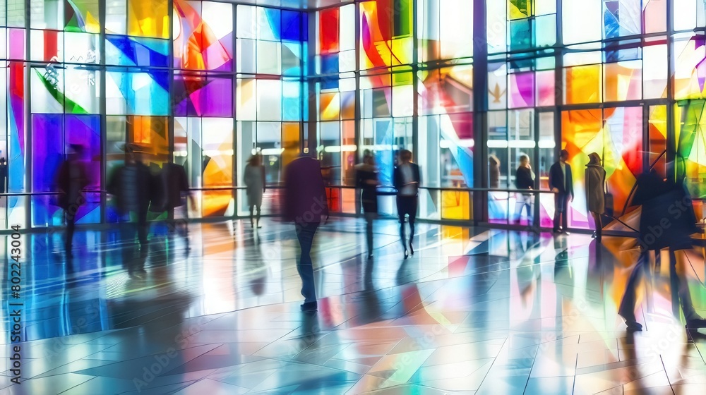 Mosaic window , Dynamic Motion Blur. Blurred Business People Walking at a Modern Trade Fair Office, or Conference , Stained Glass Illusion 
