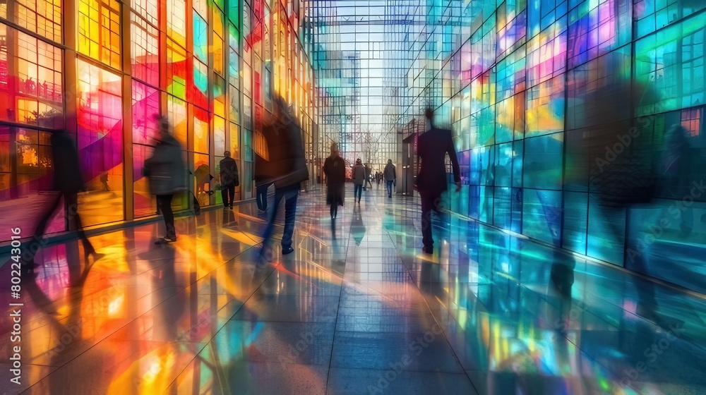 Mosaic window , Dynamic Motion Blur. Blurred Business People Walking at a Modern Trade Fair Office, or Conference , Stained Glass Illusion 
