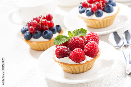 mini tarts with cream and berries on white background, closeup © cook_inspire