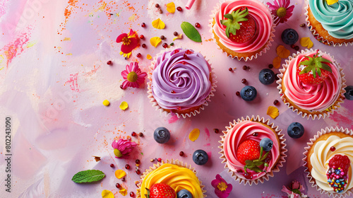 Delicious colorful cupcakes on color background