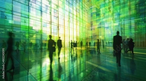 Stained glass illusion of blurred business people walking at a modern trade fair office or conference, created with a mosaic window and dynamic motion blur
