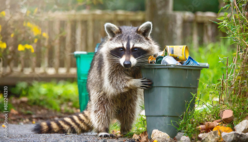 Raccoon scavenging food from backyard garbage cans. photo