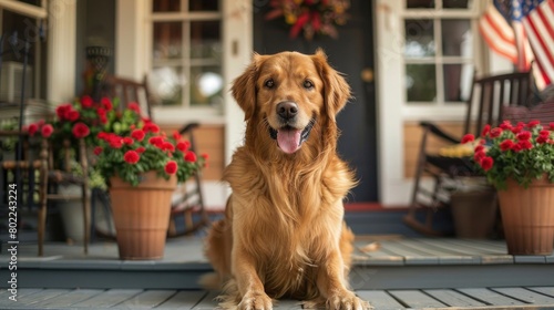 Golden Retriever Celebrating Fourth of July in American House Yard