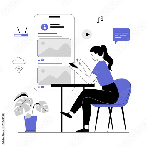 Wireless technology concept. WiFi network communication. Sending files, uploading and downloading content on social media. Vector illustration with line people for web design.