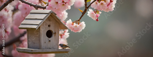 a delightful cherry blossom vignette, Showcase the tranquility of a birdhouse surrounded by pink blooms, with a cute bird making it feel like home.