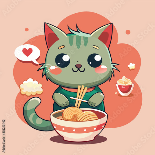 a cartoon cat with a bowl of noodles in it and a cat with a bowl of noodles in it