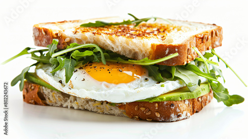 Delicious sandwich with fried egg avocado and arugula