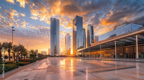 Sunset over large buildings equipped with the latest technology, King Abdullah Financial District, in the capital, Riyadh, Saudi Arabia photo
