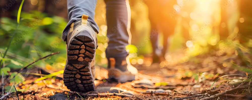 Hikers walking in a forest in the sunset light, rear view of a hiker's shoe with copy space for text Hikers walking in a forest in the sunset light, rear view of a hiker's shoe with copy space for text