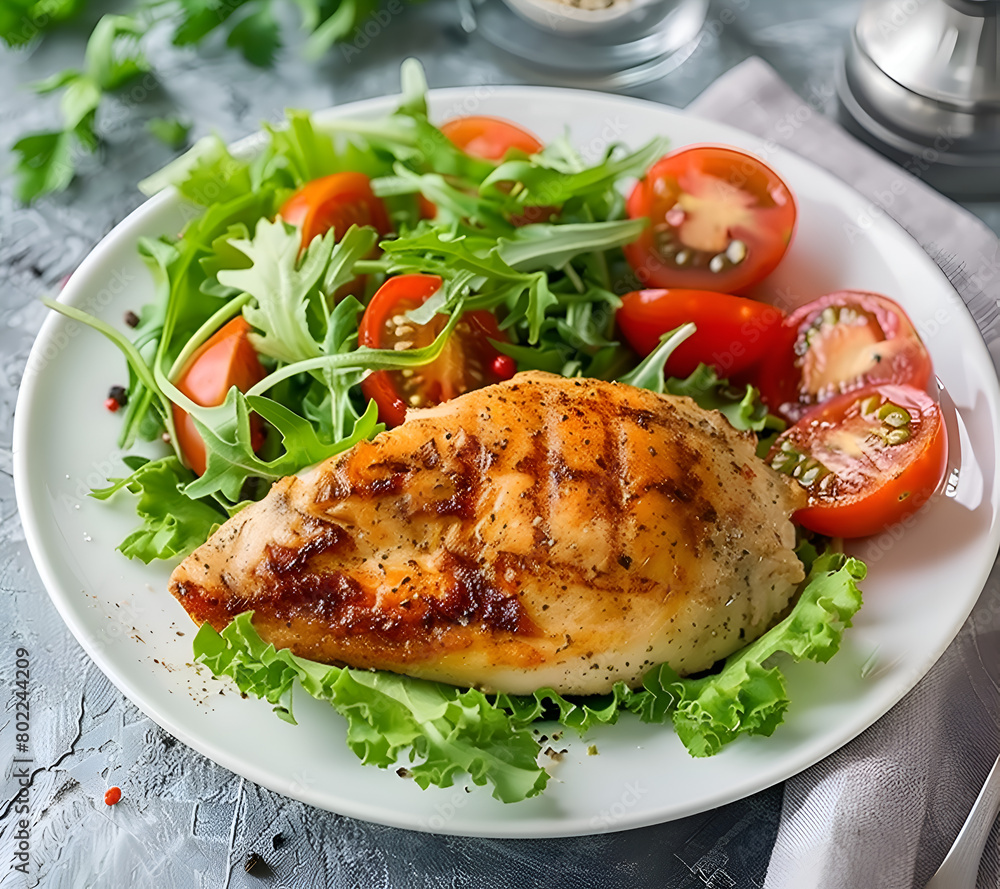 A plate of grilled chicken and salad with a fork on the right side. The plate is set on a table with a white tablecloth. Generative AI A plate of grilled chicken and salad with a fork on the right side. The plate is set on a table with a white tablecloth. Generative AI