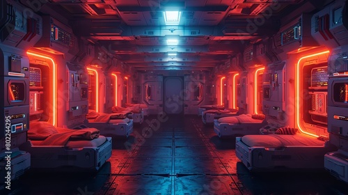 Neon-lit sleep units in a shadowy bay, evoking an eerie silence in a long-forgotten space station.