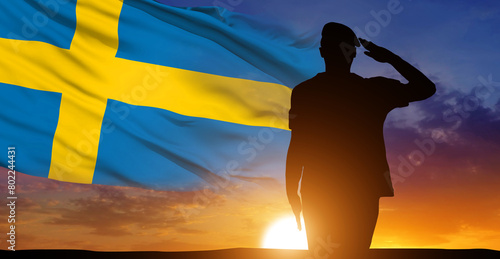 Silhouettes of soldiers with the Sweden flag on the sunset background. Concept of national holidays. Commemoration Day. 3d illustration.