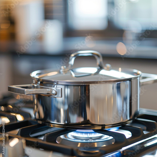 Clean saucepan on a gas stove in kitchen