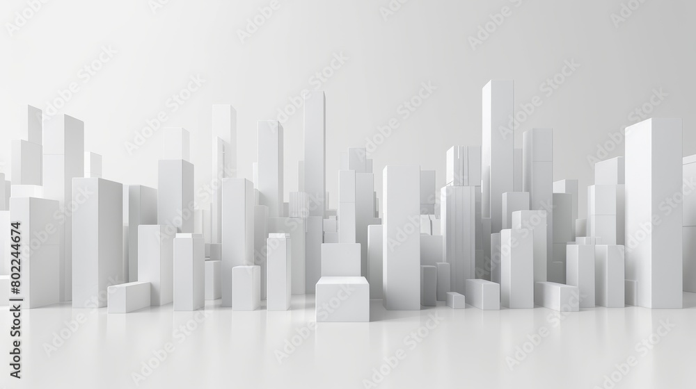 Rectangles in white studio with different heights forming a skyline of a city or a rising graph Rectangles in white studio with different heights forming a skyline of a city or a rising graph