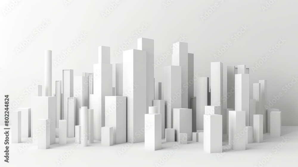 Rectangles in white studio with different heights forming a skyline of a city or a rising graph Rectangles in white studio with different heights forming a skyline of a city or a rising graph