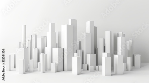 Rectangles in white studio with different heights forming a skyline of a city or a rising graph
