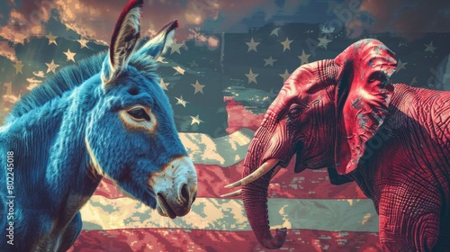 A blue donkey and red elephant on an American flag background. © MEHDI