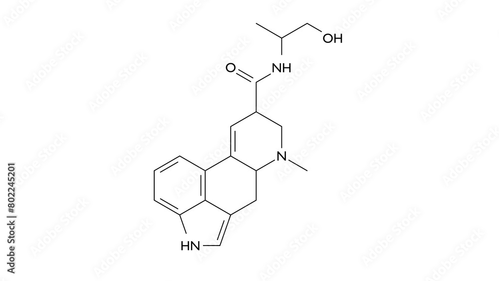 ergometrine molecule, structural chemical formula, ball-and-stick model, isolated image uterotonic agent