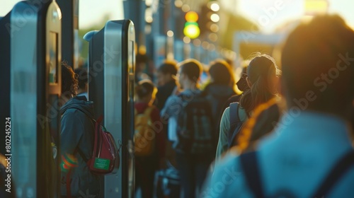 A diverse group of individuals standing in line at a bus stop, waiting for their turn to get on the bus.